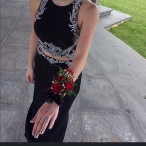 Black 2 piece prom dress with silver detailing